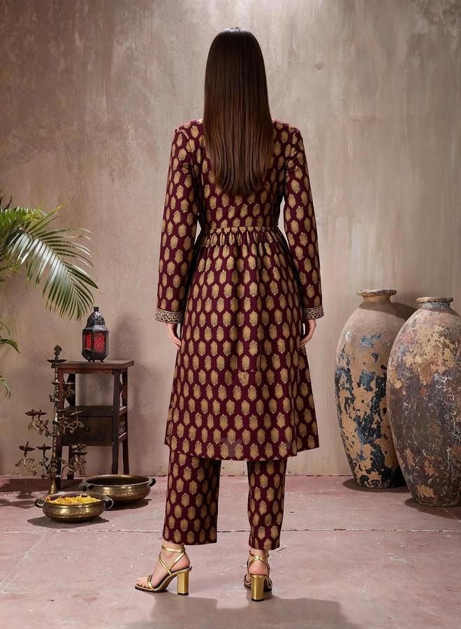 globus Women Wine Embroidered Kurta with Pants Set - Image 2